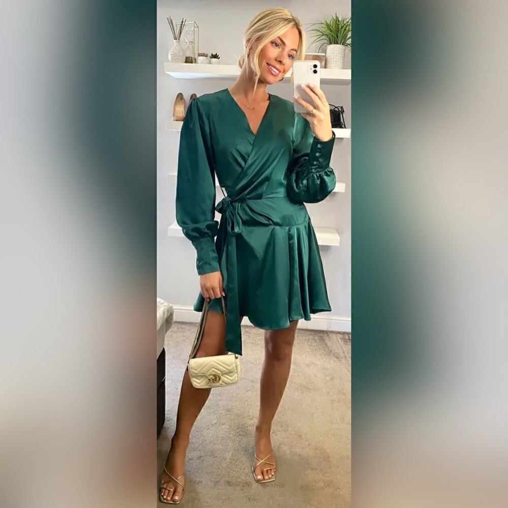 Green Satin Mini Wrap Dress Long Sleeve